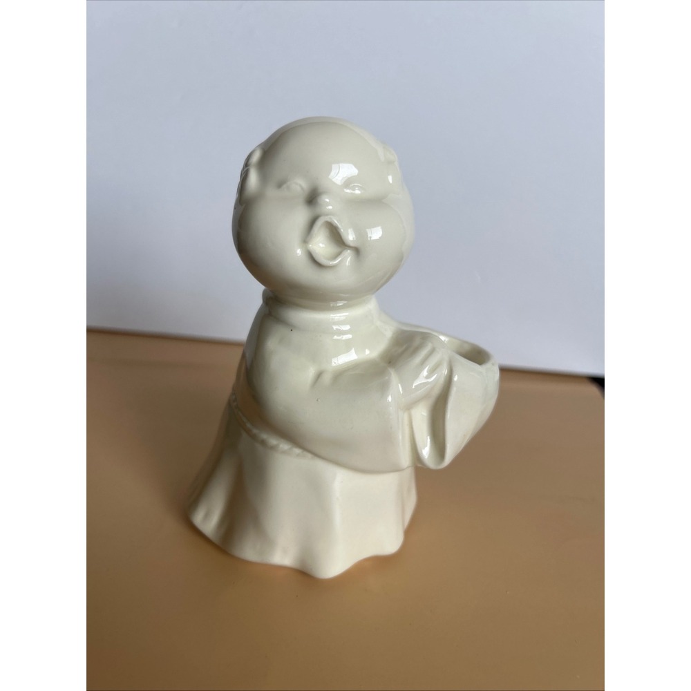 Vintage Ceramic Monk Figurine Candle Holder Glossy Cream Singing Altar